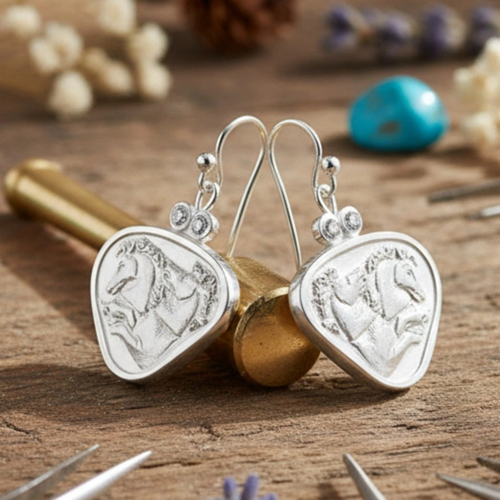 Elegant mustang horse coin dangle earrings, perfect gift for her, handcrafted in Bodrum atelier with ancient symbolism