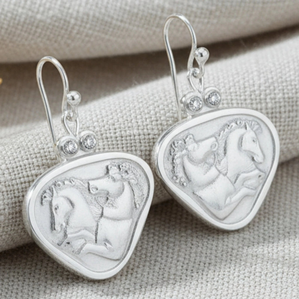 Designer mustang coin earrings, 925 silver Turkish jewelry by AtelierSultan Bodrum, symbol of freedom and strength

