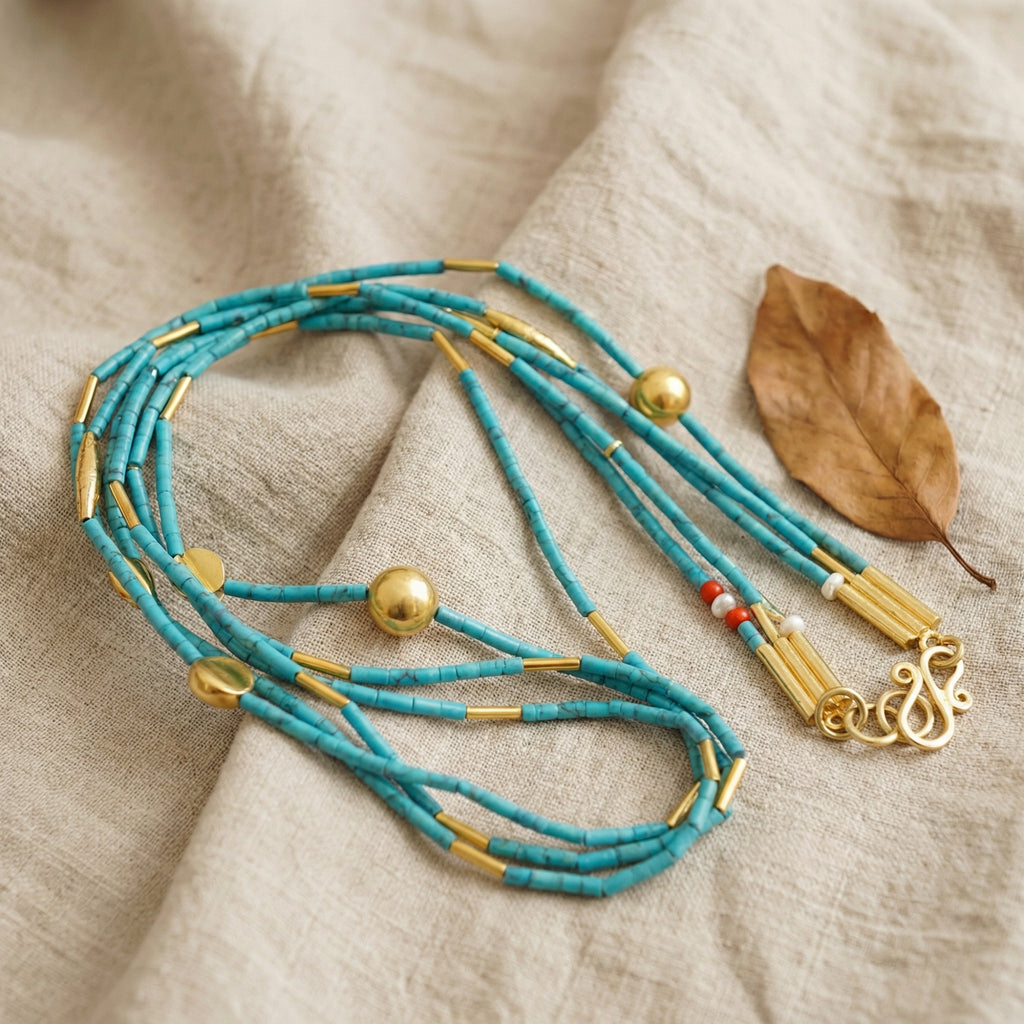 Handmade Afgani turquoise multi-strand necklace with Trojan beads, 925 sterling silver, ancient Turkish jewelry by Sultan Yılmaz