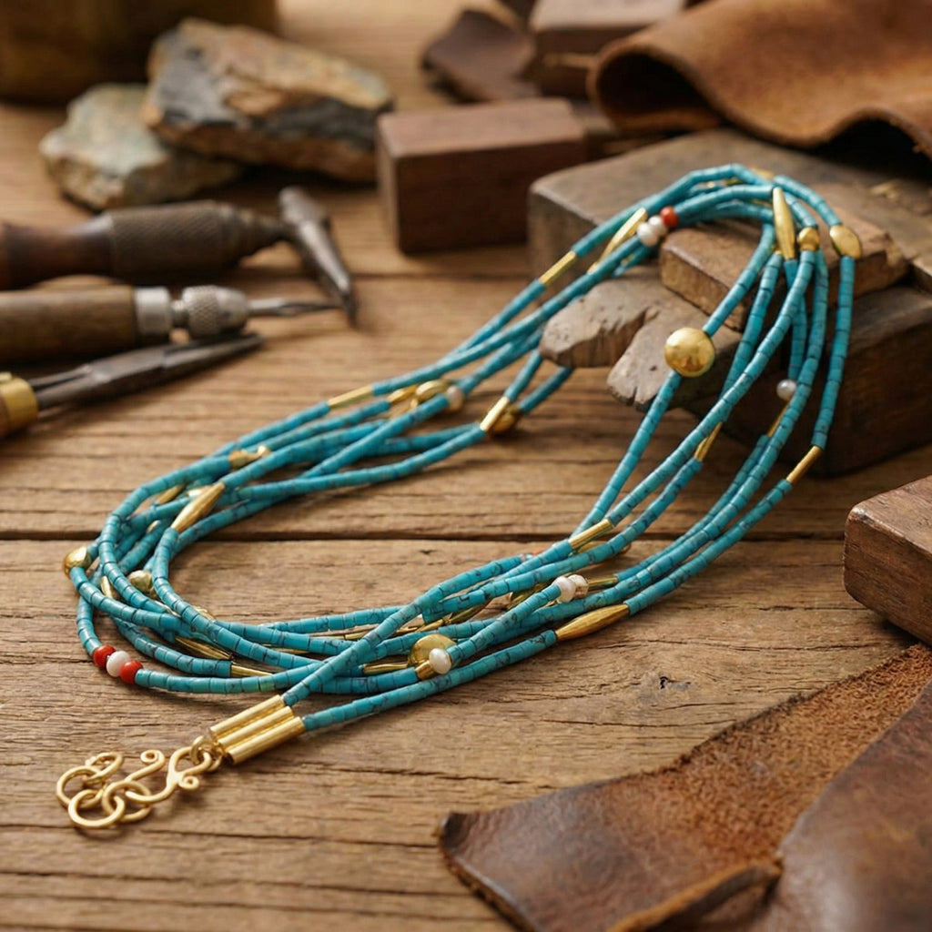 Resim: 925 silver multi-strand turquoise necklace with gold accents, handcrafted in Bodrum atelier, Turkish artisan design
