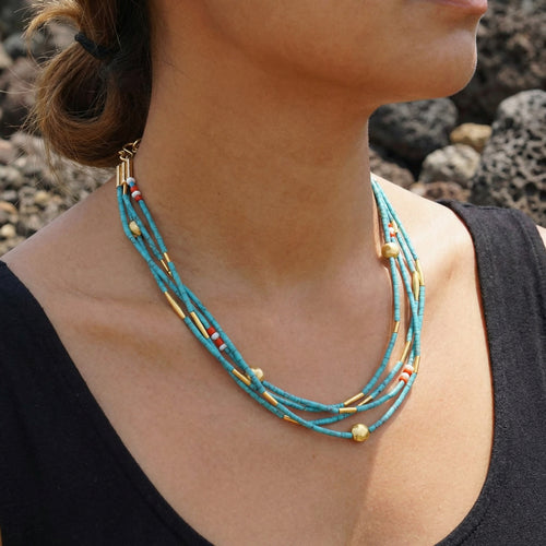 Artisan turquoise bead necklace with ancient Anatolian style, handmade 925 silver jewelry by designer Sultan Bodrum