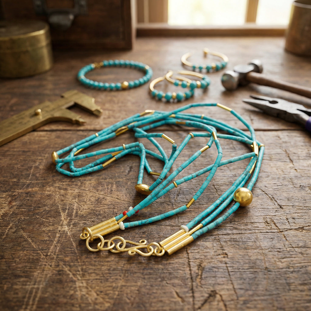  Multi-strand turquoise and gold bead necklace inspired by Roman antiquity, Turkish handcrafted jewelry from Bodrum