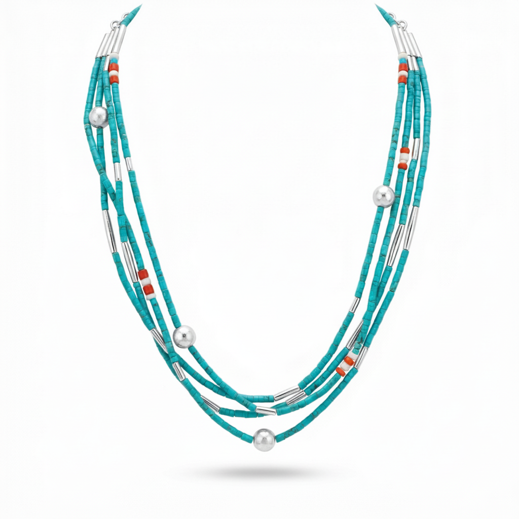 Handmade multi-strand Afgani turquoise necklace with Trojan beads by Sultan Yilmaz. 925 Silver and 24k Gold plated