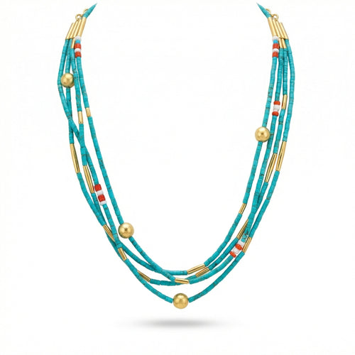 Luxury handmade multi-strand necklace with tiny Afgani turquoise heishi beads and gold-plated Trojan beads by Sultan Yilmaz.