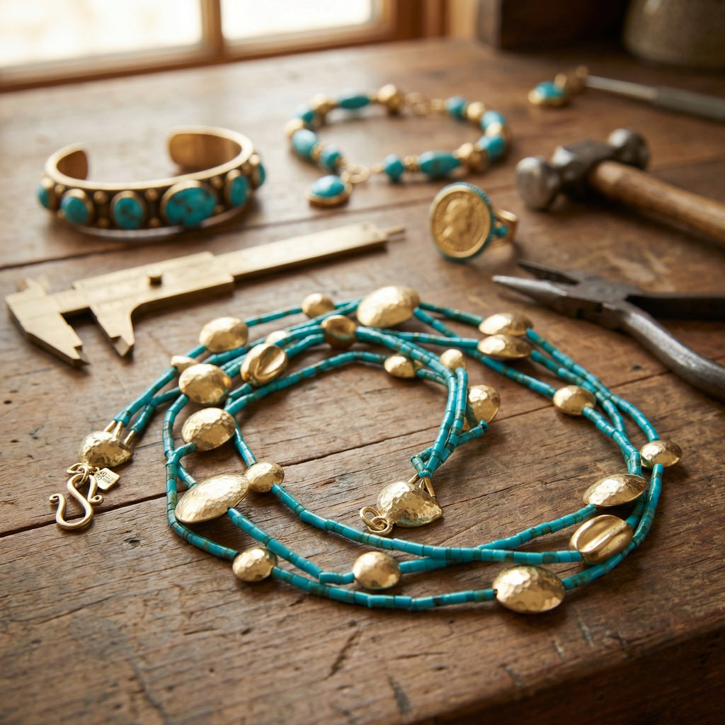 Multi-strand turquoise necklace with Trojan beads, 925 sterling silver, handcrafted in Atelier Sultan Bodrum, timeless Turkish design
