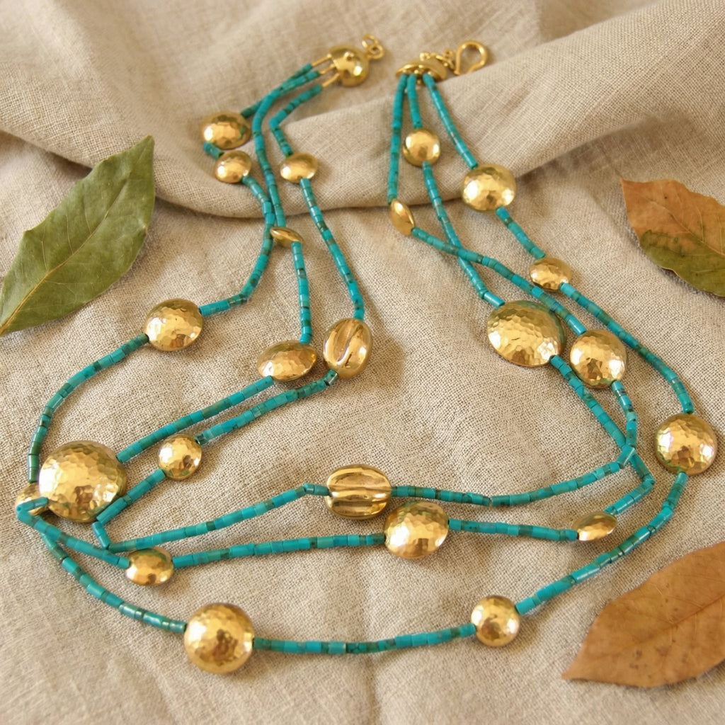 Turkish artisan multi-strand turquoise necklace, handcrafted 925 silver jewelry, symbol of protection, designer Sultan Bodrum atelier
