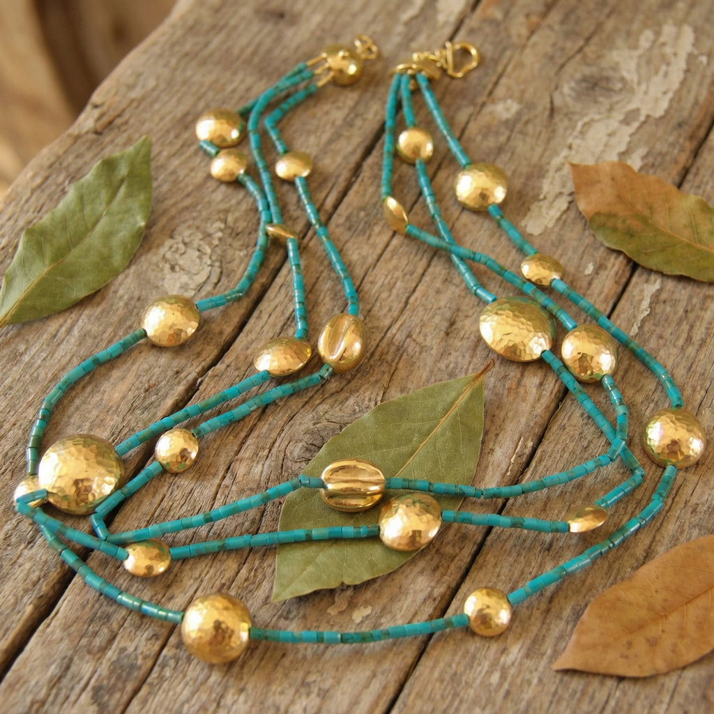 Anatolian multi-strand necklace, turquoise and gold beads, 925 silver ancient inspired jewelry, handmade by Sultan artisan