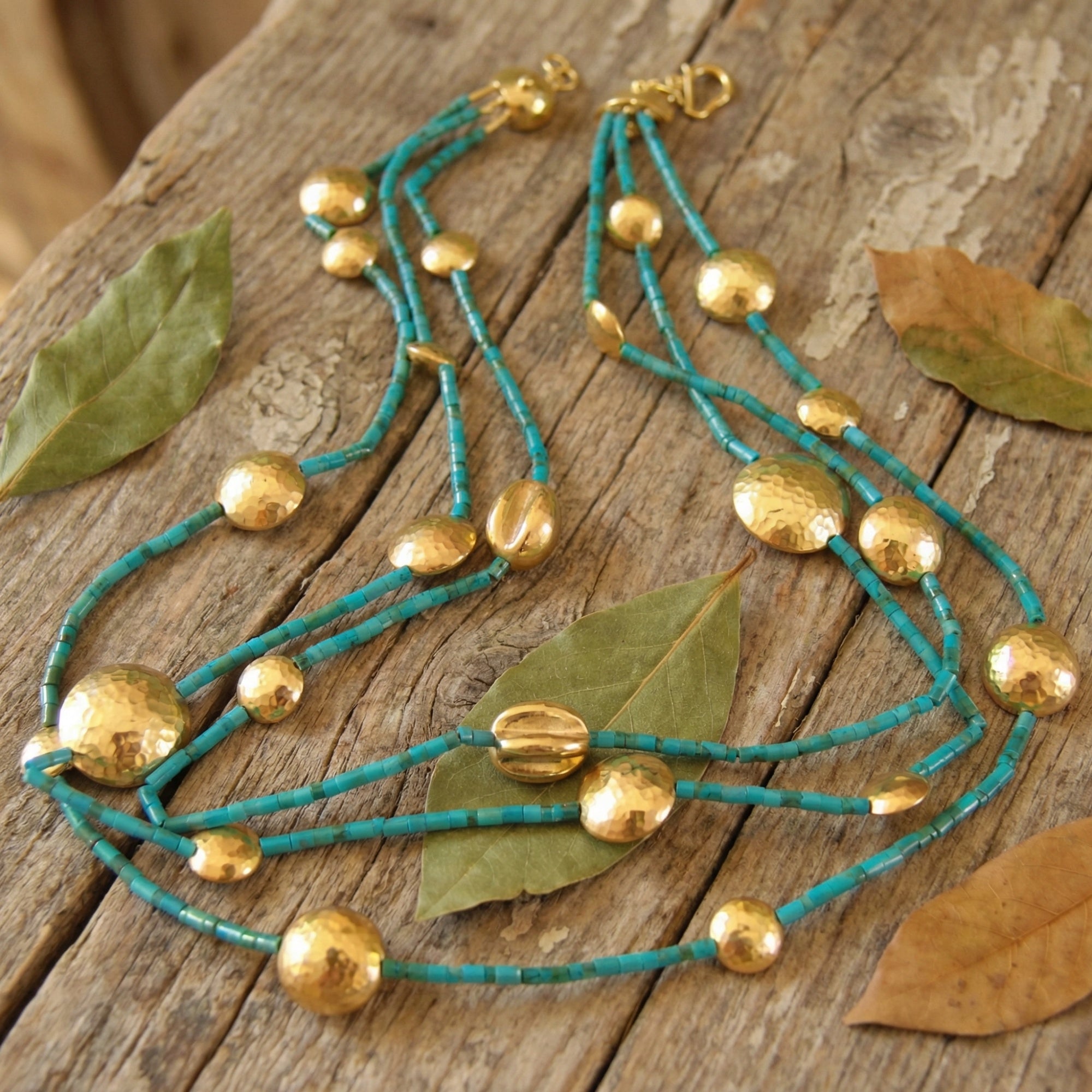 Anatolian multi-strand necklace, turquoise and gold beads, 925 silver ancient inspired jewelry, handmade by Sultan artisan