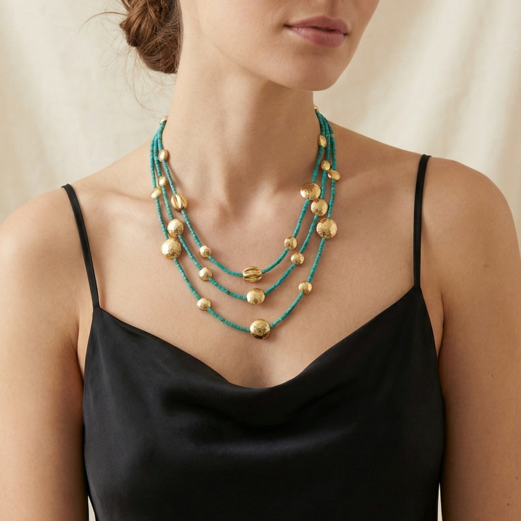 Genuine Afghan turquoise bead necklace, ancient style multi-strand design, 925 silver handmade Turkish jewelry by Sultan