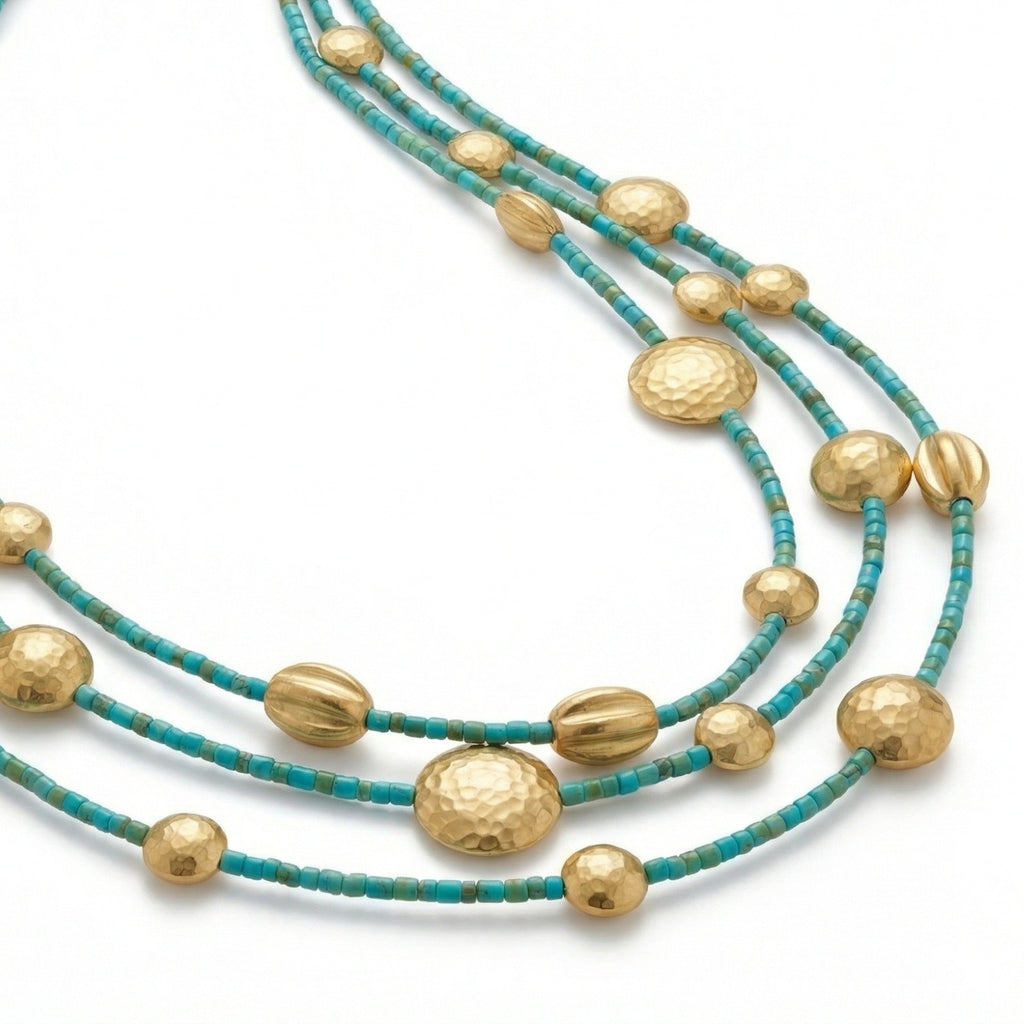 Handmade Afghan turquoise bead necklace with gold accents, 925 sterling silver, ancient Trojan design by Sultan Yilmaz Bodrum
