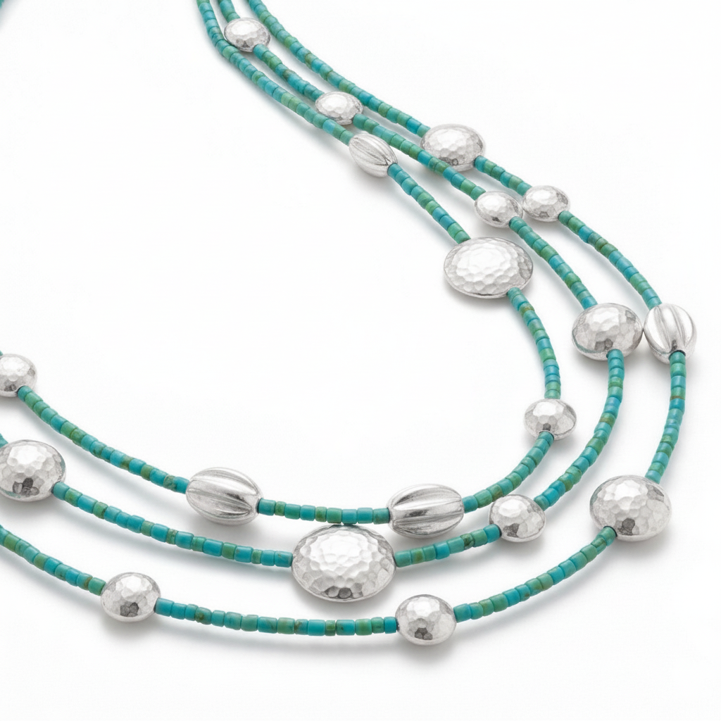 Afghan turquoise gemstone necklace with gold bead accents, 925 silver handcrafted Turkish jewelry, heritage design by Sultan Yilmaz