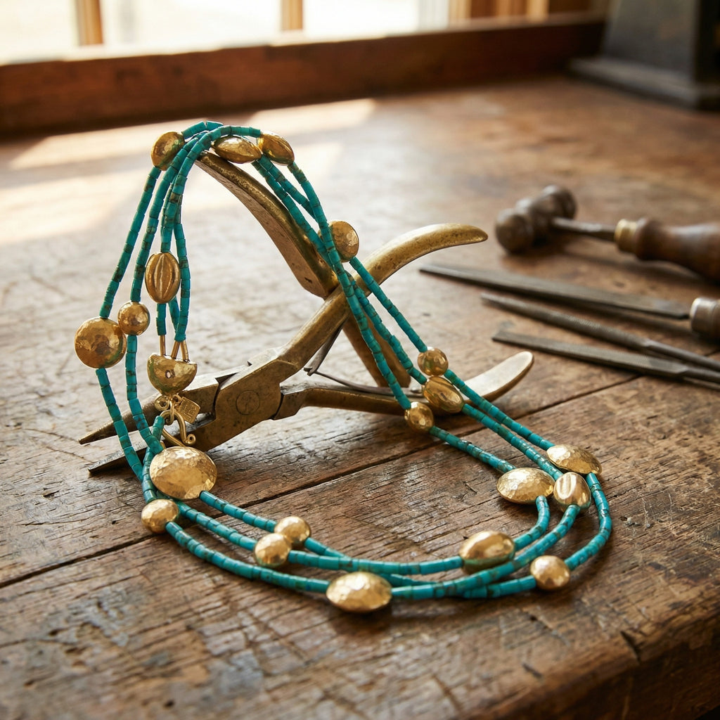 Genuine Afghan turquoise bead necklace, ancient style multi-strand design, 925 silver handmade Turkish jewelry by Sultan