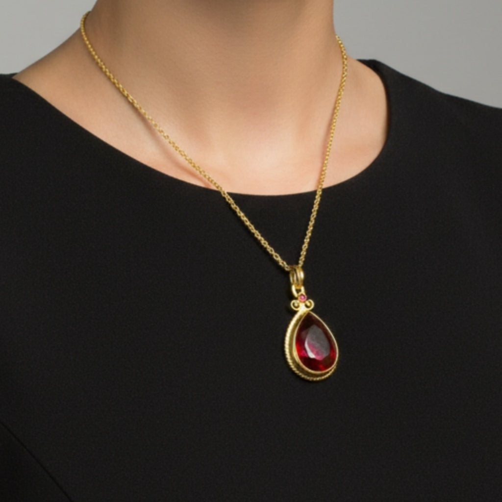 Authentic Turkish red topaz necklace craftsmanship - handmade artisan jewelry from Bodrum atelier by Sultan