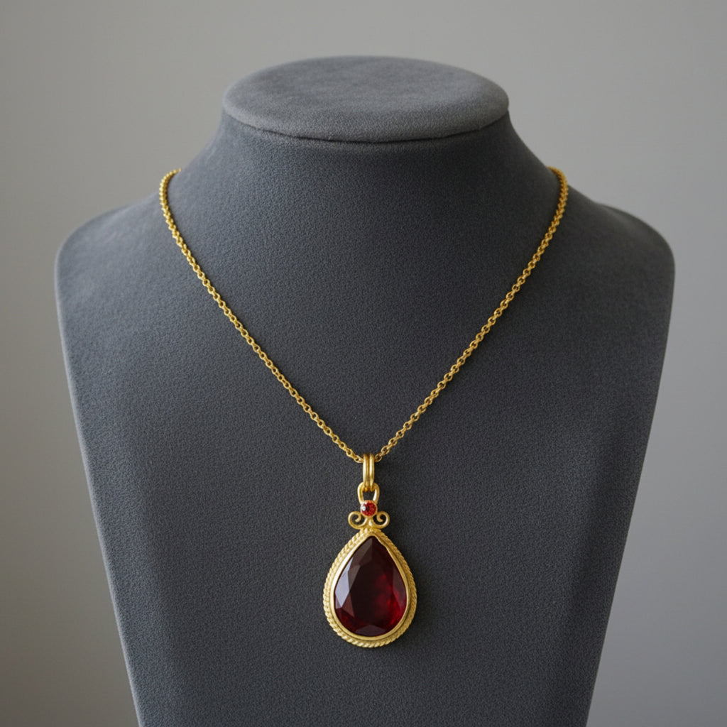 Designer red topaz necklace - handmade Turkish statement jewelry with gemstone by Sultan