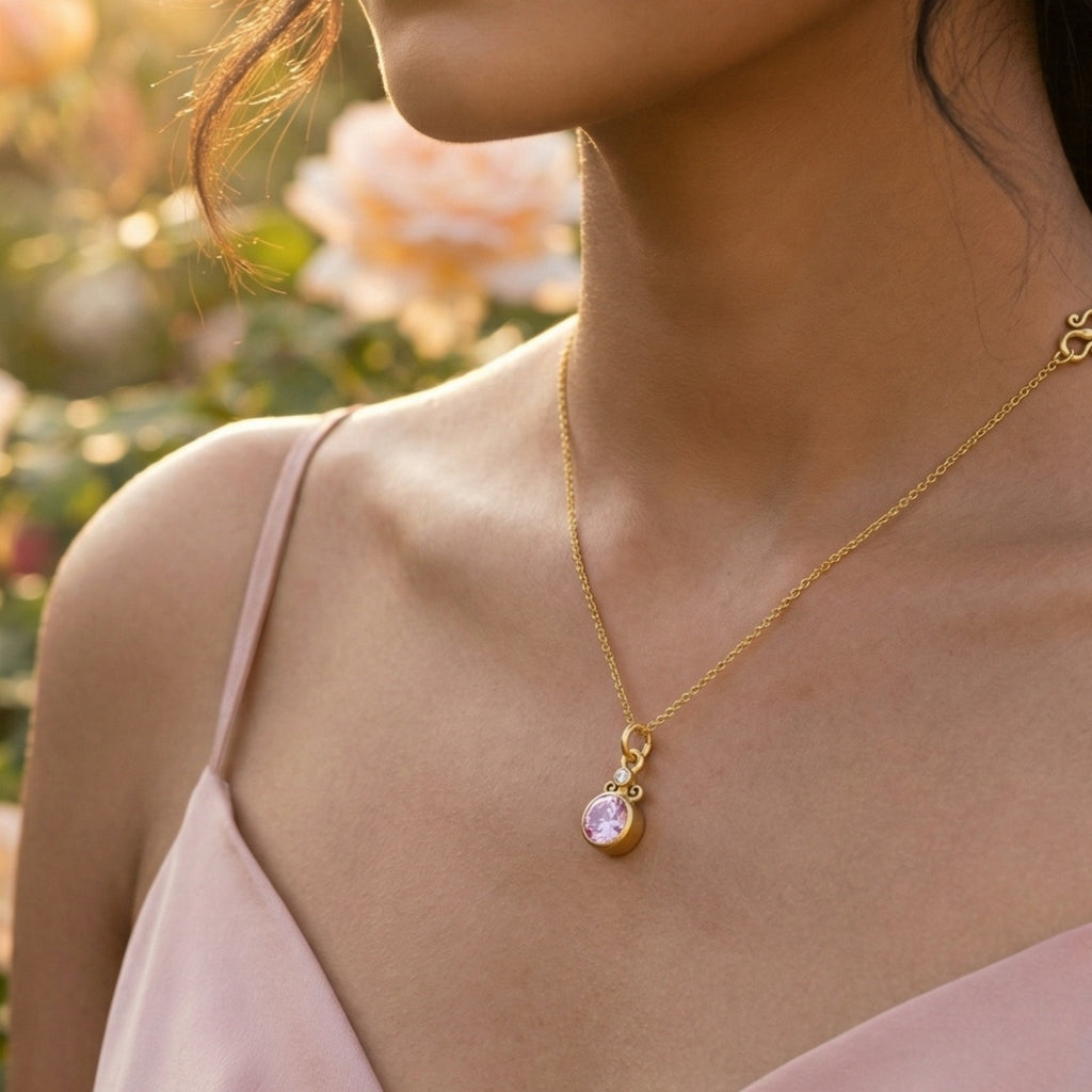 White and pink topaz gemstone necklace detail, 925 silver chain with natural stones, handcrafted Turkish jewelry by Sultan in Bodrum atelier