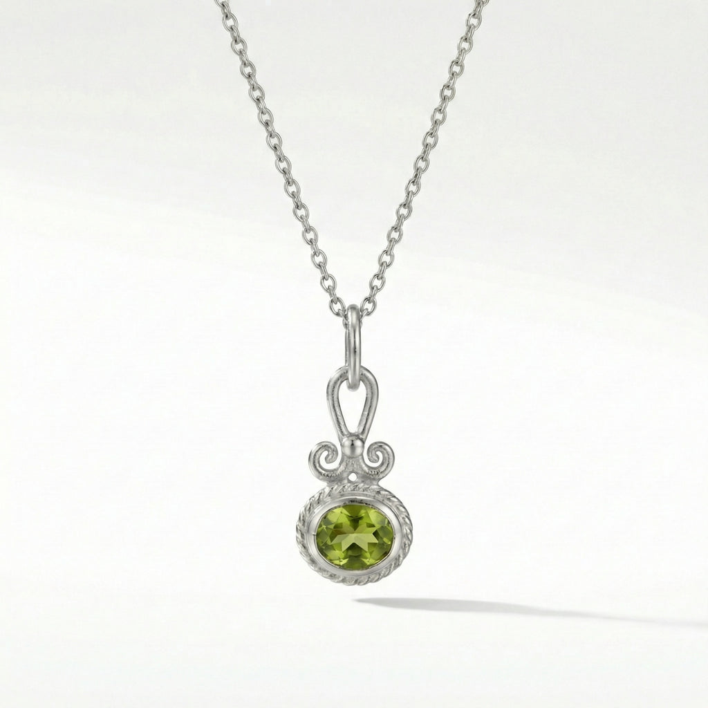 Green peridot gemstone necklace 925 sterling silver Turkish artisan jewelry handmade in Bodrum Turkey minimalist design
