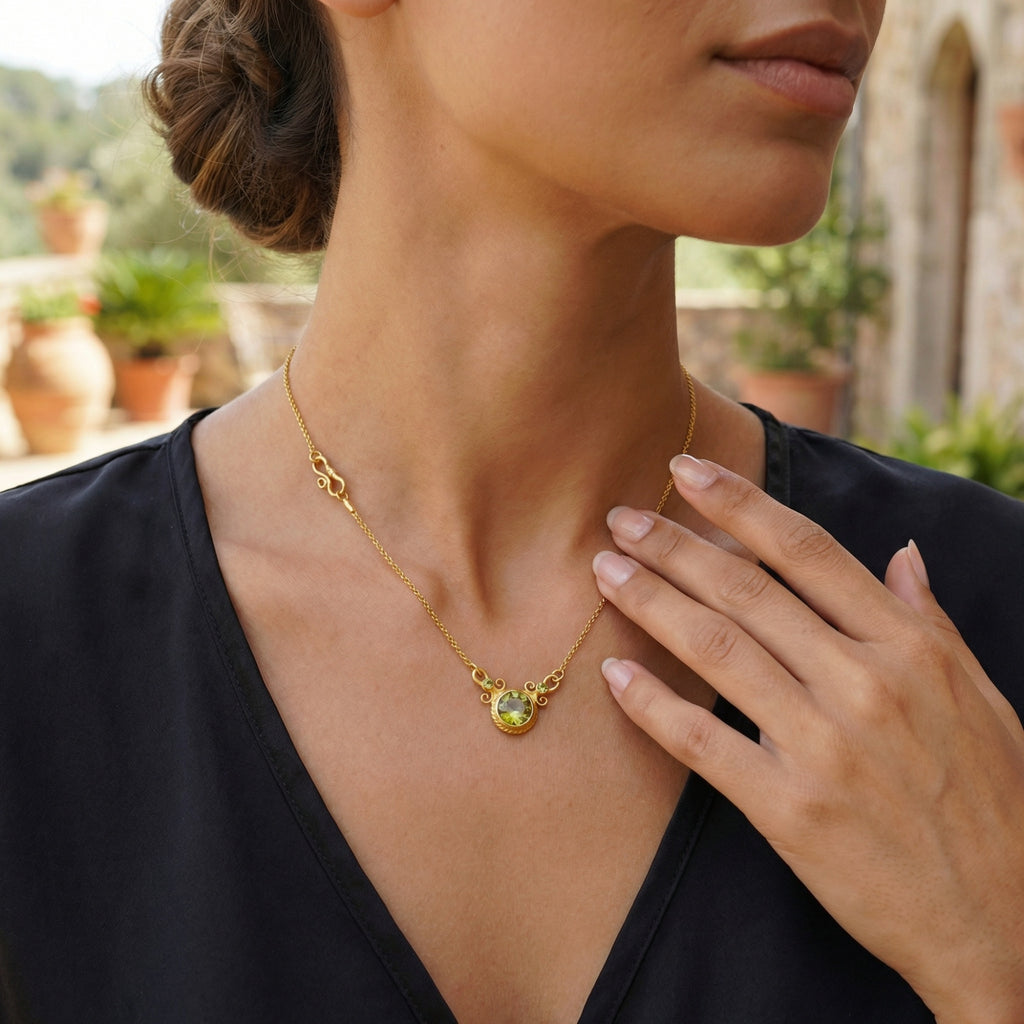 Green peridot dainty fine necklace 925 sterling silver gift for her handcrafted Turkish artisan jewelry Sultan Bodrum