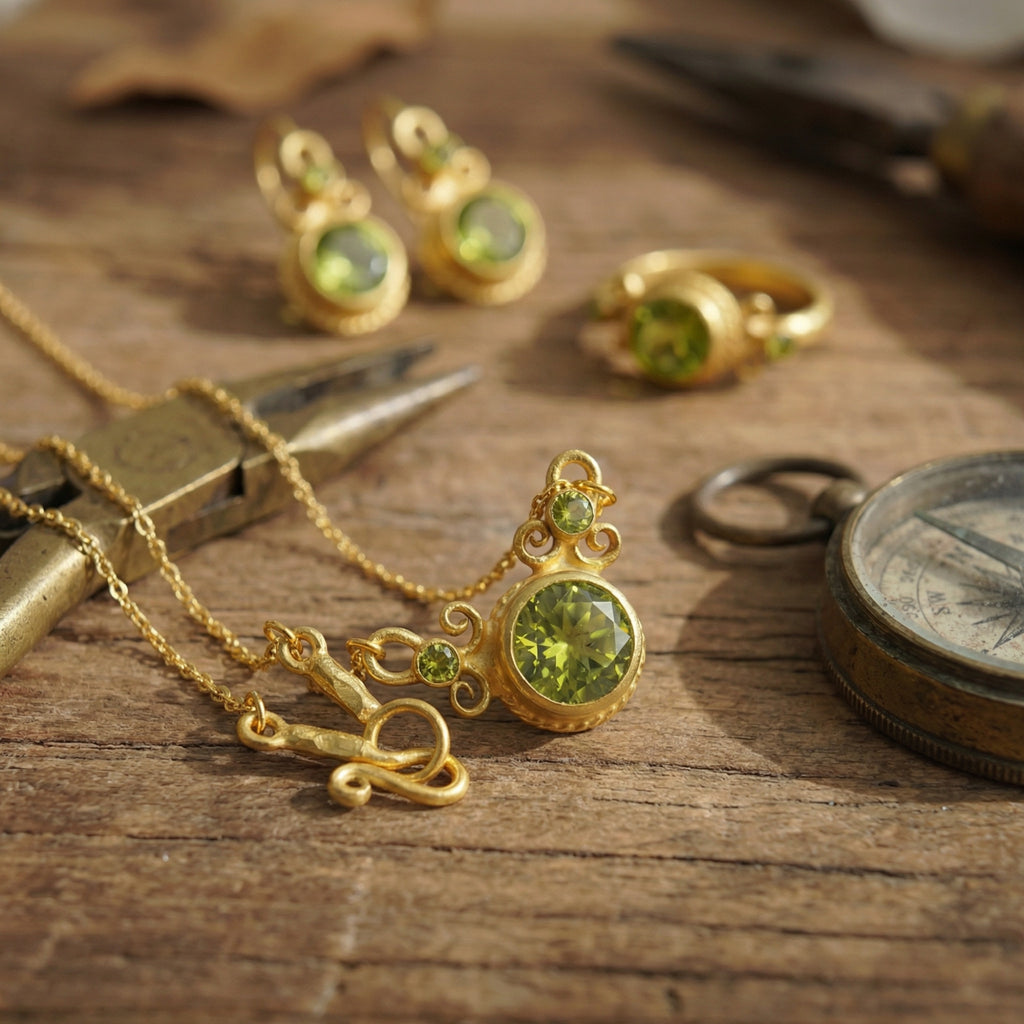 Green peridot gemstone gold necklace 925 sterling silver Turkish artisan jewelry handmade in Bodrum Turkey minimalist design