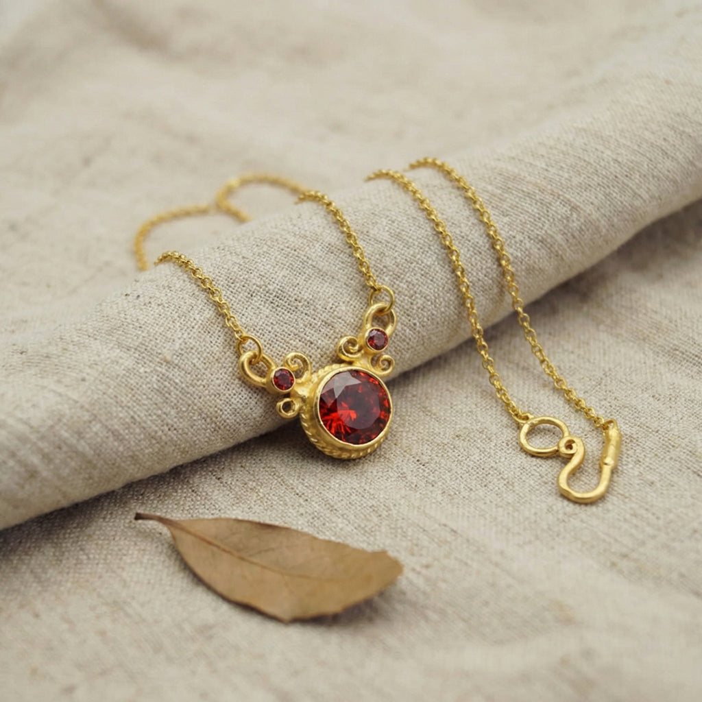 Turkish red topaz necklace with 925 silver chain and ancient-style hook clasp, symbol of vitality and passion
