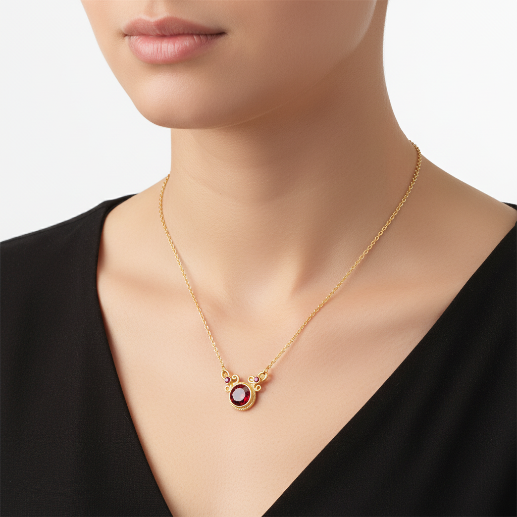 Designer red topaz gemstone necklace by Atelier Sultan, handmade Turkish jewelry with timeless elegance