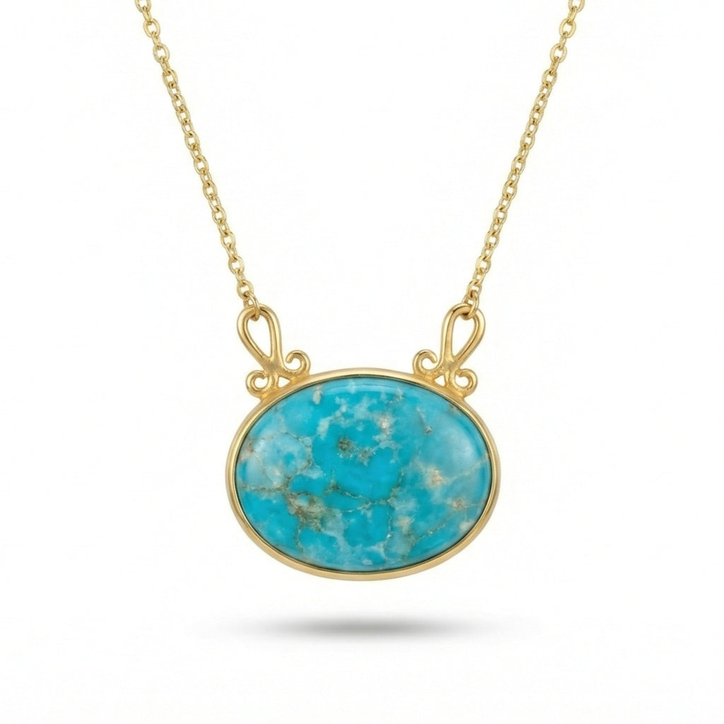 Handmade turquoise large gold necklace in 925 sterling silver with intricate Anatolian lace design, artisan jewelry by Sultan Yilmaz Bodrum