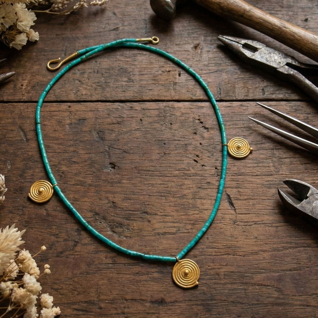 Natural turquoise gemstone heishi necklace in 925 sterling silver with 24k gold plating, handcrafted Turkish jewelry by designer Sultan