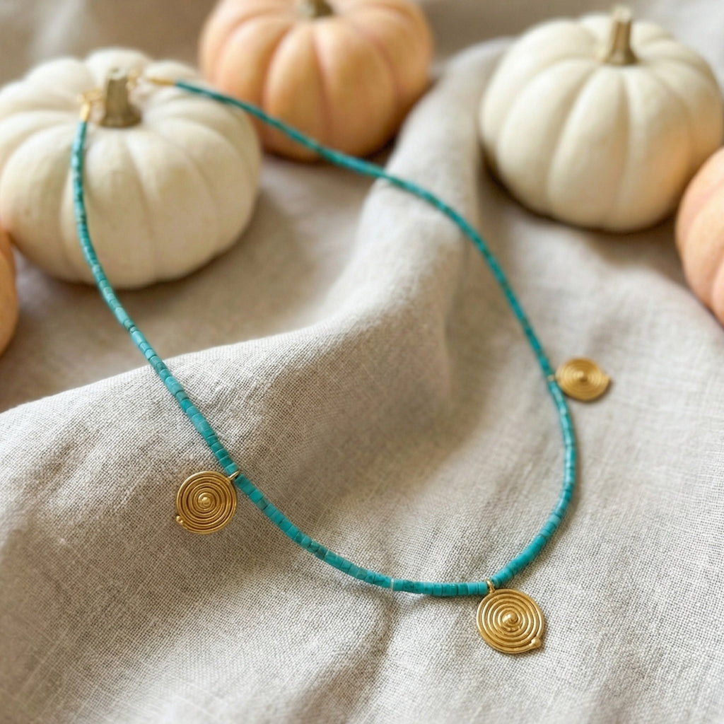 Designer handmade statement turquoise heishi necklace in 925 silver with gold plating, Ancient Anatolian inspired Turkish jewelry by Sultan
