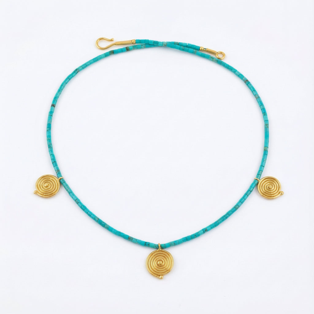 Handmade heishi turquoise necklace in 925 sterling silver with gold plating, artisan jewelry by Sultan Yilmaz Bodrum featuring natural turquoise gemstones

