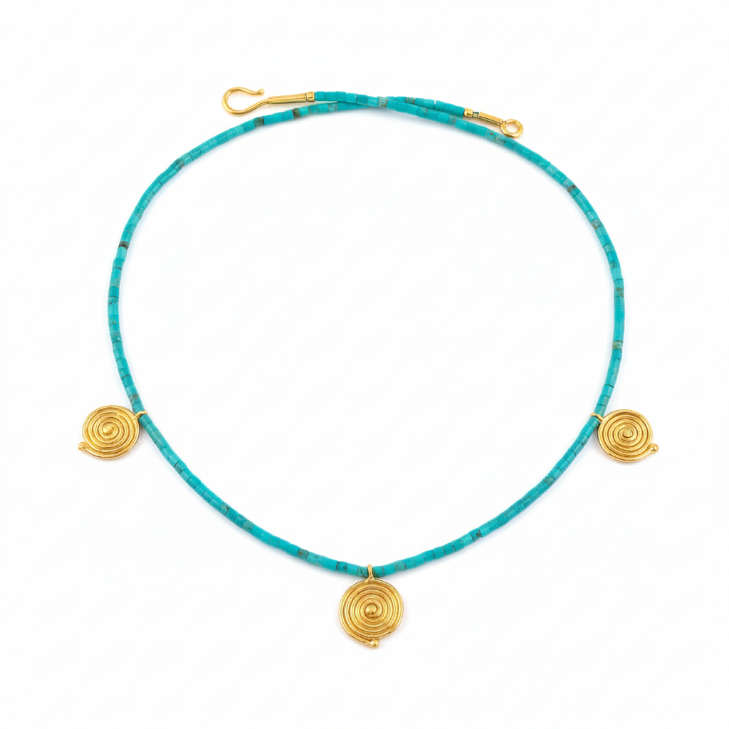 Turquoise necklace with gold spiral pendants handmade by sultan bodrum turkish jewelry