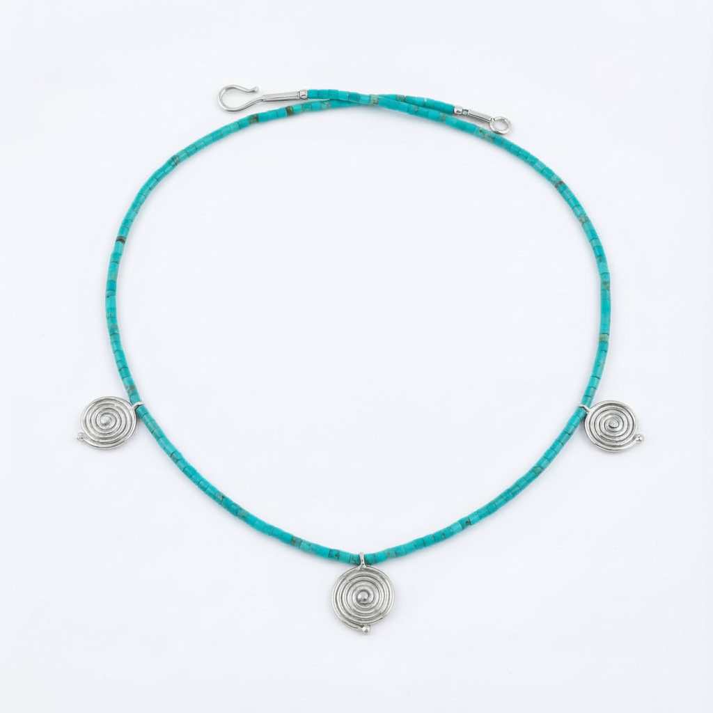 sultan 925 silver turquoise hesihi necklace with meandros , artisan turkish jewelry