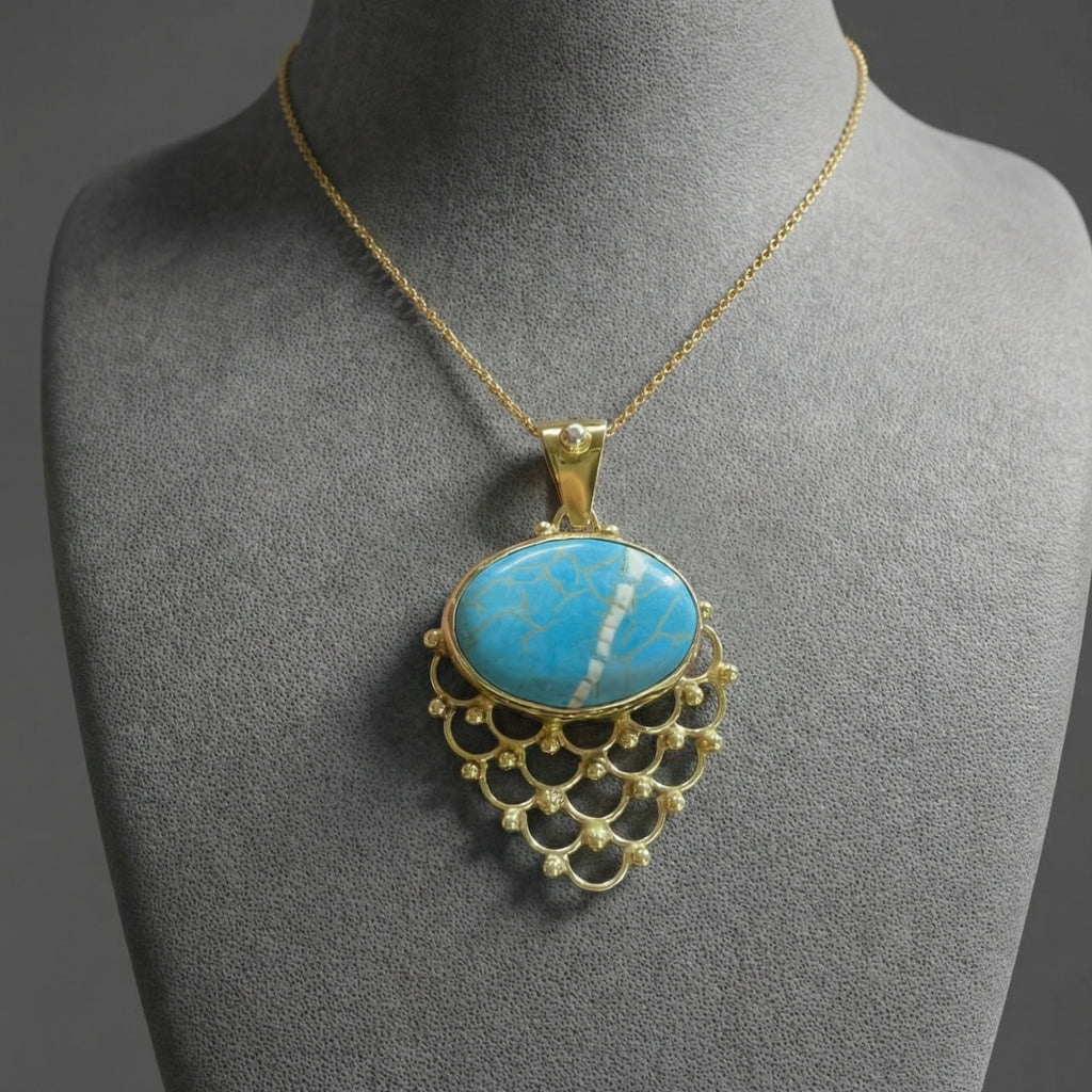Limited edition large turquoise necklace in 925 sterling silver, handcrafted artisan jewelry gift symbolizing protection by Sultan Bodrum
