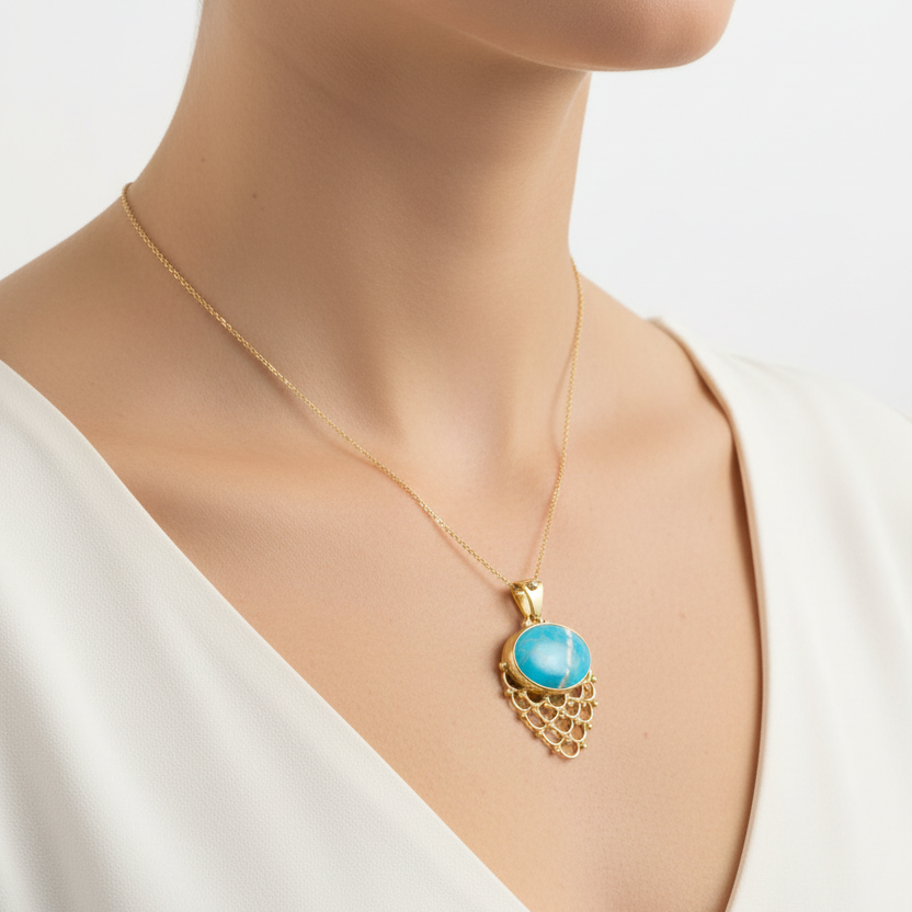 sultan turquoise gold necklace with chain, perfect gift ideas, turkish women turwuoise jewelry