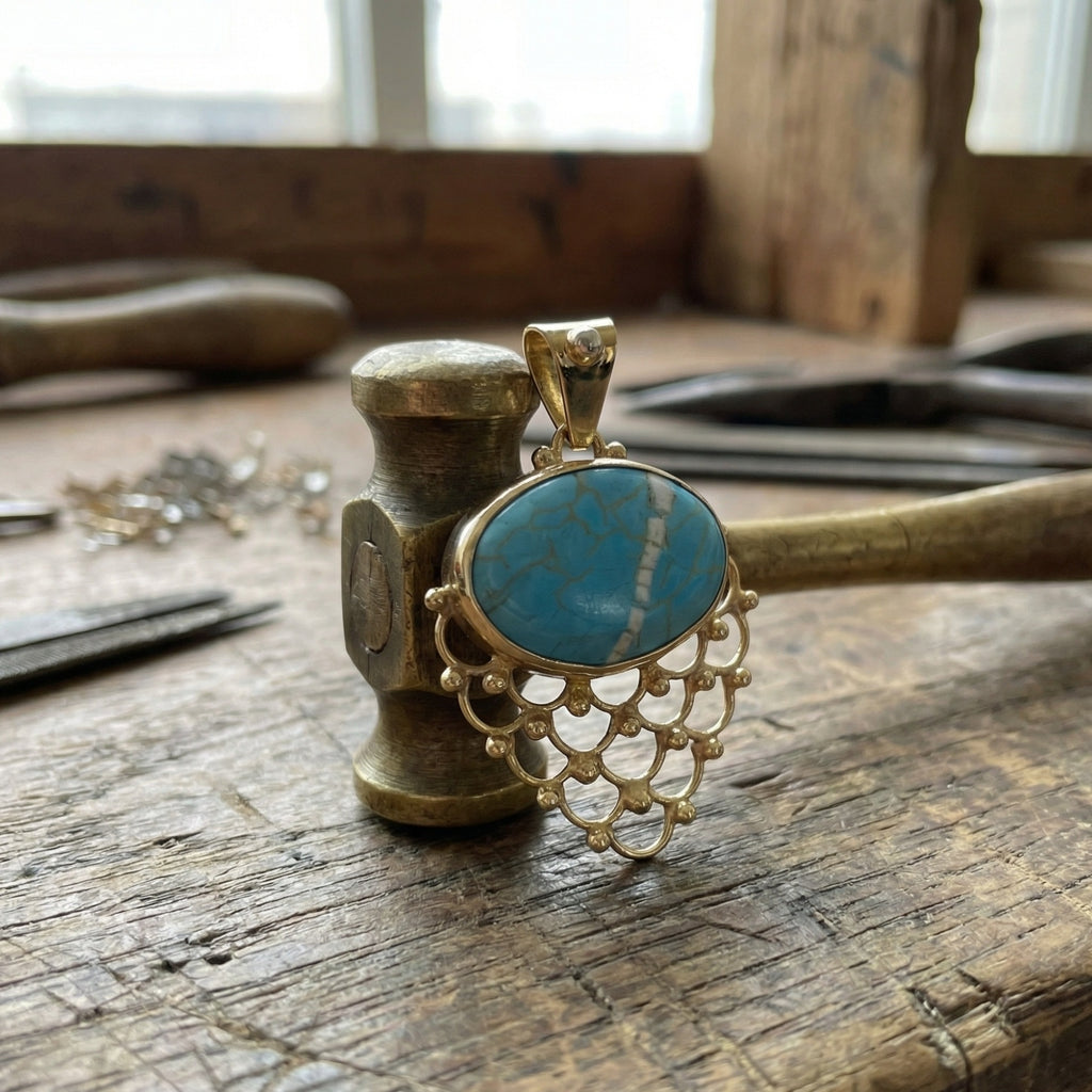 Natural turquoise gemstone pendant necklace in 925 sterling silver with 24k gold plating, handcrafted Turkish jewelry by designer Sultan
