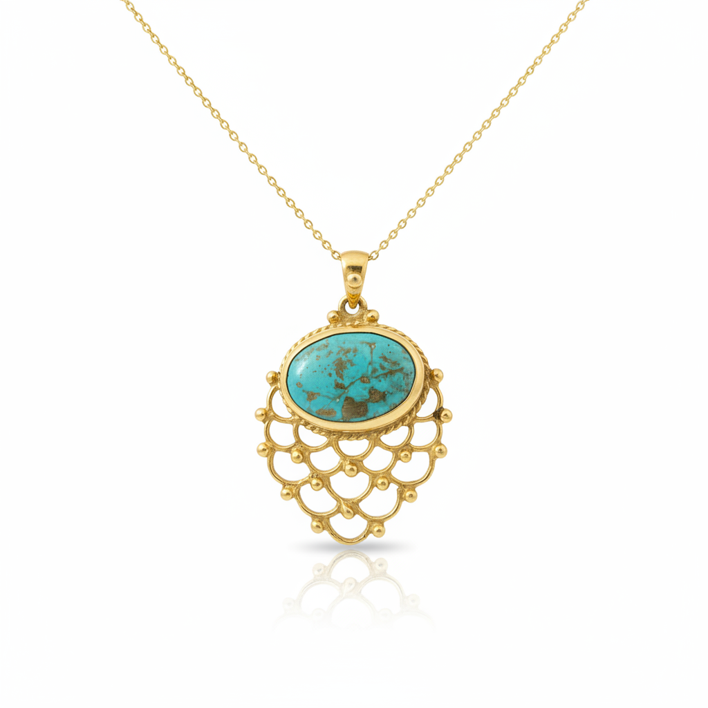 Limited edition turquoise gold necklace in 925 sterling silver, handcrafted artisan jewelry gift symbolizing protection by Sultan Bodrum
