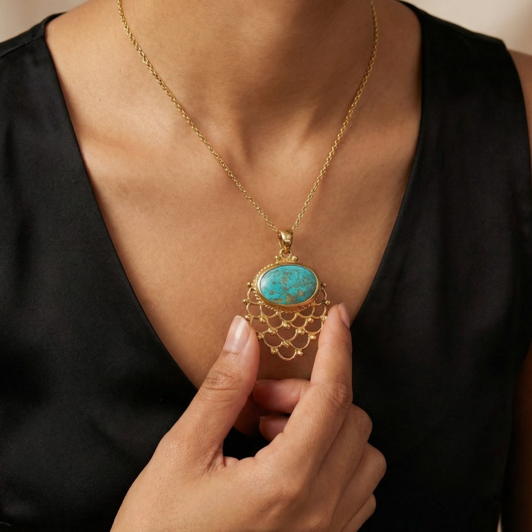Turkish turquoise necklace in 925 sterling silver, handcrafted artisan jewelry by Sultan Bodrum symbolizing protection and December birthstone
