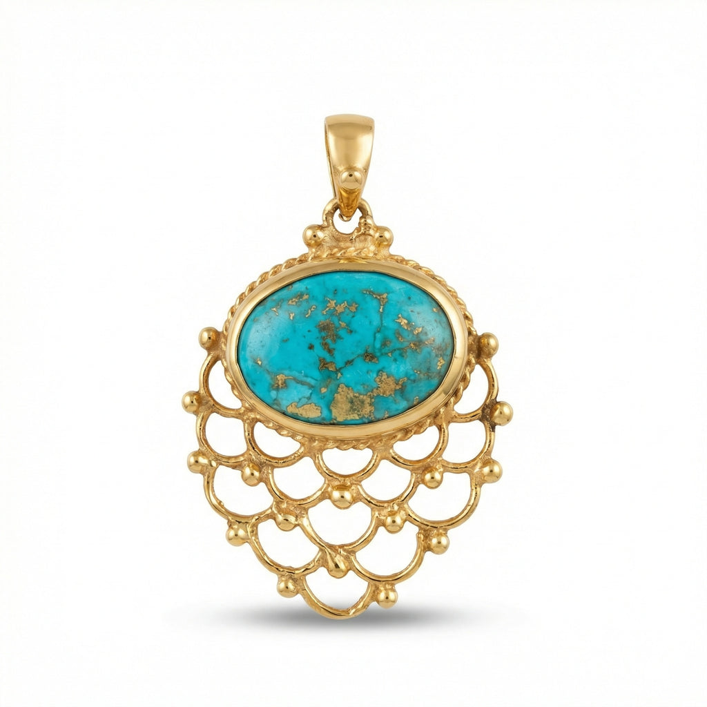 Natural turquoise gemstone pendant necklace in 925 sterling silver with 24k gold plating, handcrafted Turkish jewelry by designer Sultan

