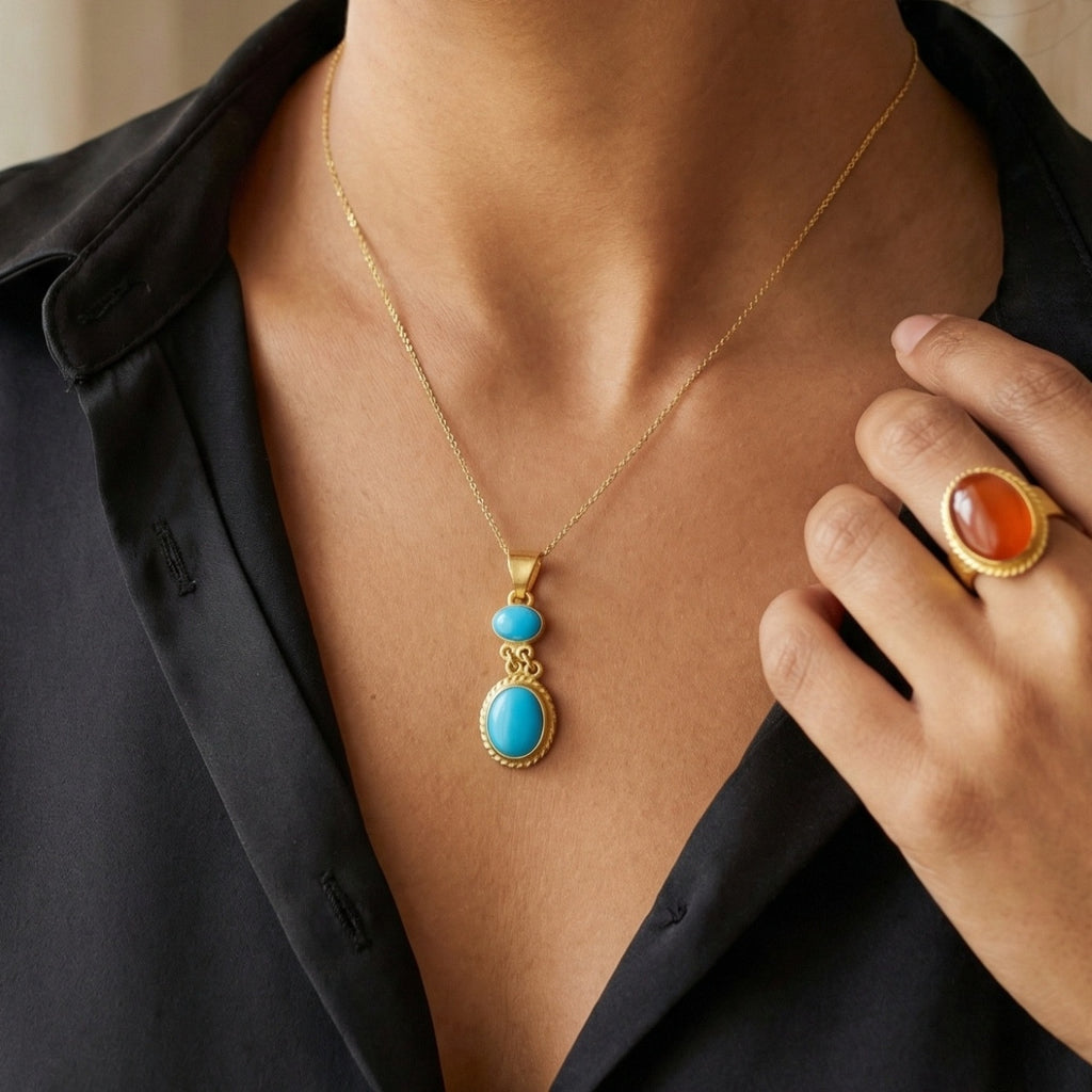 Designer handmade Arizona turquoise necklace in 925 silver with 24k gold plating, Turkish jewelry gift by Sultan
