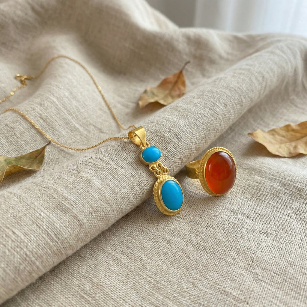 Natural Arizona turquoise gemstone necklace in 925 sterling silver with gold plating, handcrafted Turkish artisan jewelry by designer Sultan Bodrum
