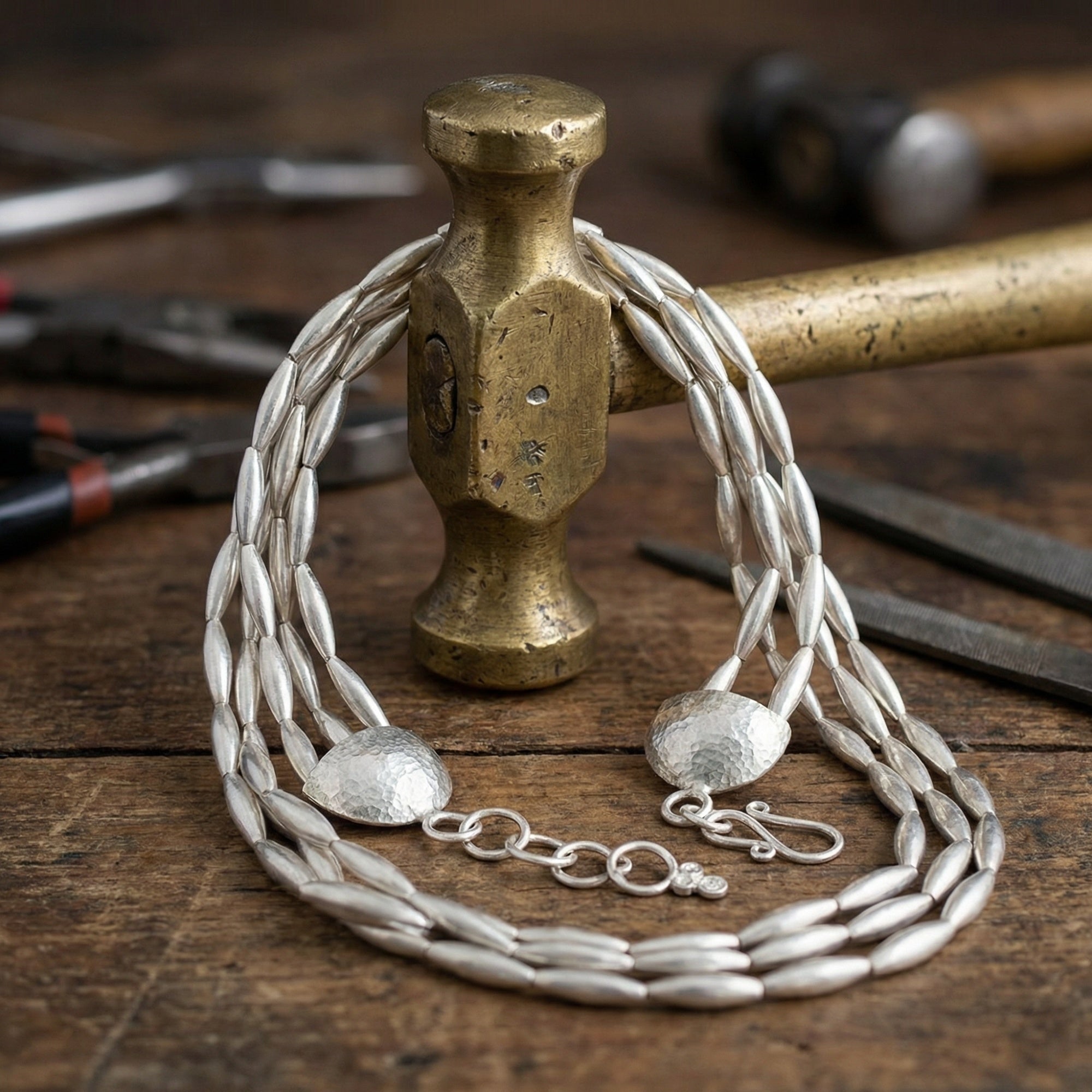 Detail view of handmade wheat-inspired beads and chain links on Turkish heritage necklace, crafted in Bodrum studio using traditional techniques