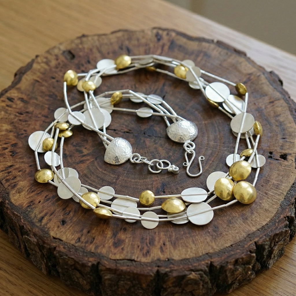 Artisan Troy treasure necklace worn, four-row 925 silver design inspired by ancient heritage, perfect gift for women who appreciate historical craftsmanship and unique style