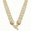 Three-row gold wheat necklace displayed on white background, featuring intricately handcrafted 925 silver beads with 24k gold plating