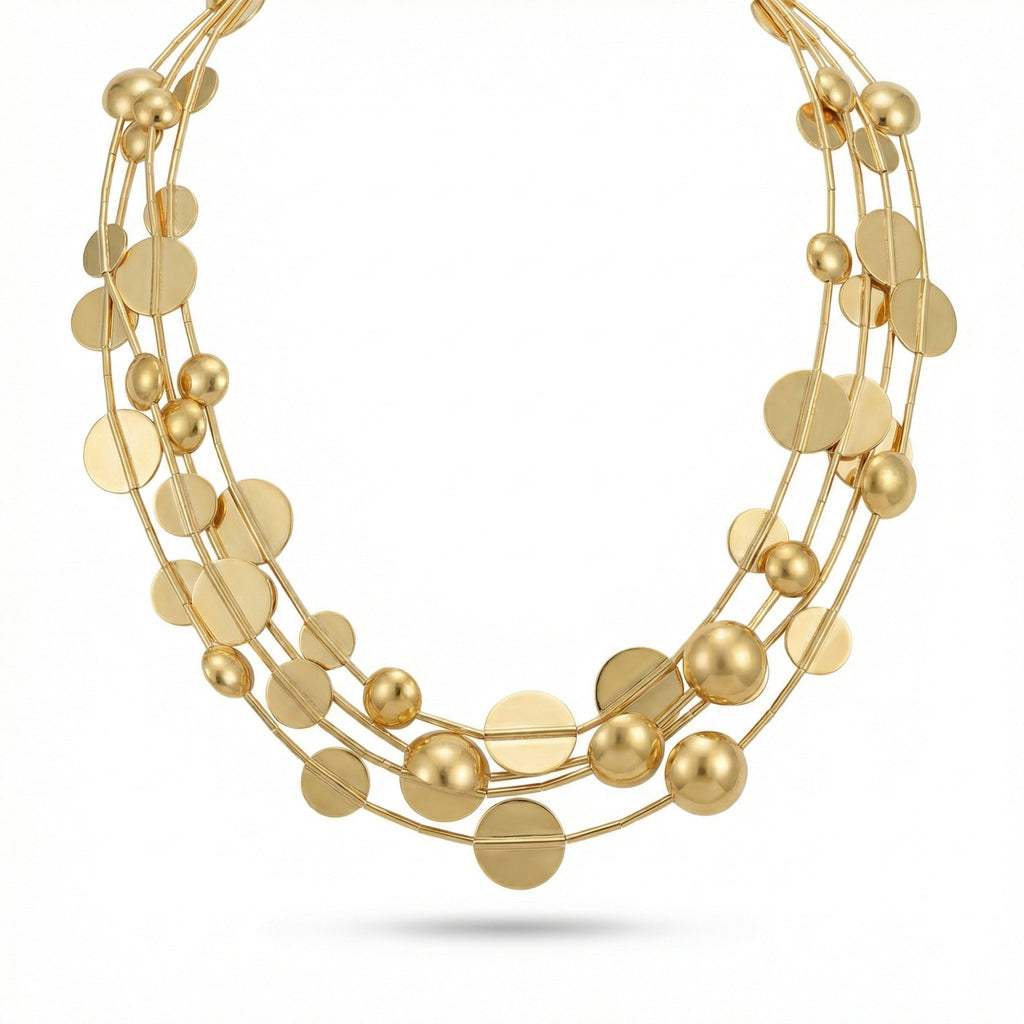 Turkish designer Sultan's Troy collection necklace, handcrafted gold bead elements on 925 silver, contemporary interpretation of Roman and Greek ancient art traditions