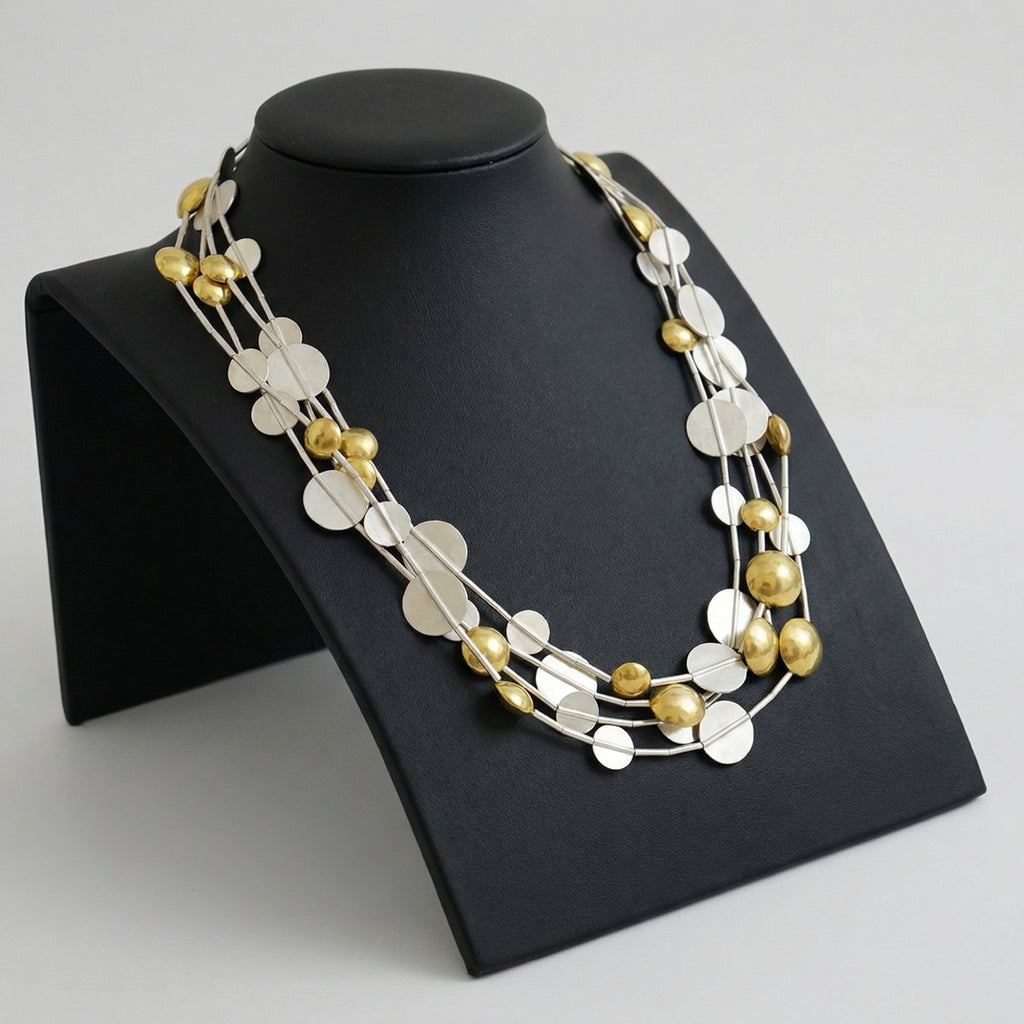 Historic Troy necklace detail, handmade 925K silver spacers with 24k gold accents, one-of-a-kind piece celebrating legendary Anatolian opulence and timeless elegance