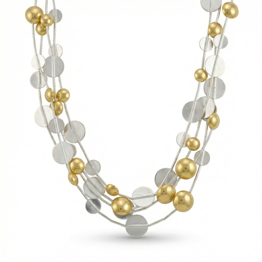 Troy treasure inspired multi-strand necklace, 925 sterling silver with bi-color finish, four-row handcrafted design from Bodrum atelier, authentic Anatolian heritage jewelry