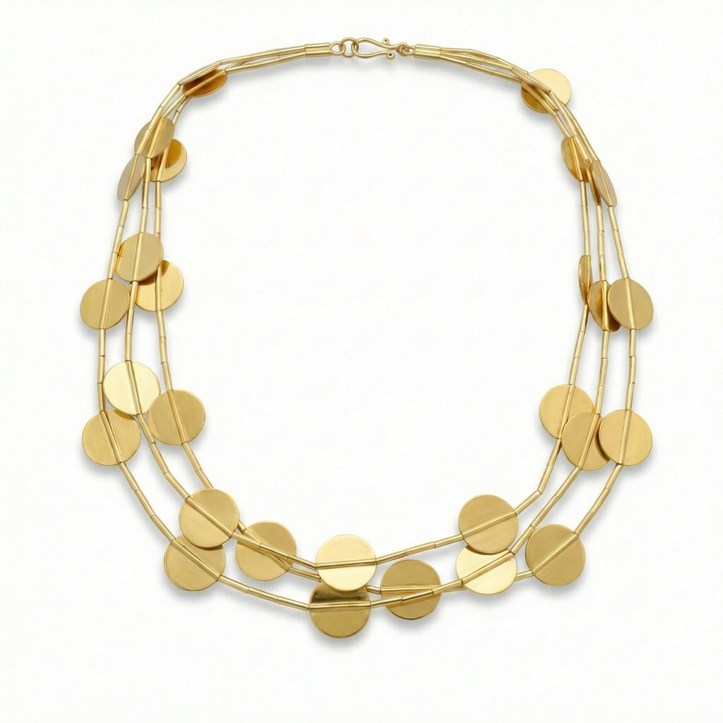 Handcrafted Ancient Troy necklace in 925 sterling silver with gold plating, three-row design inspired by legendary Anatolian treasures, artisan jewelry by Sultan Bodrum
