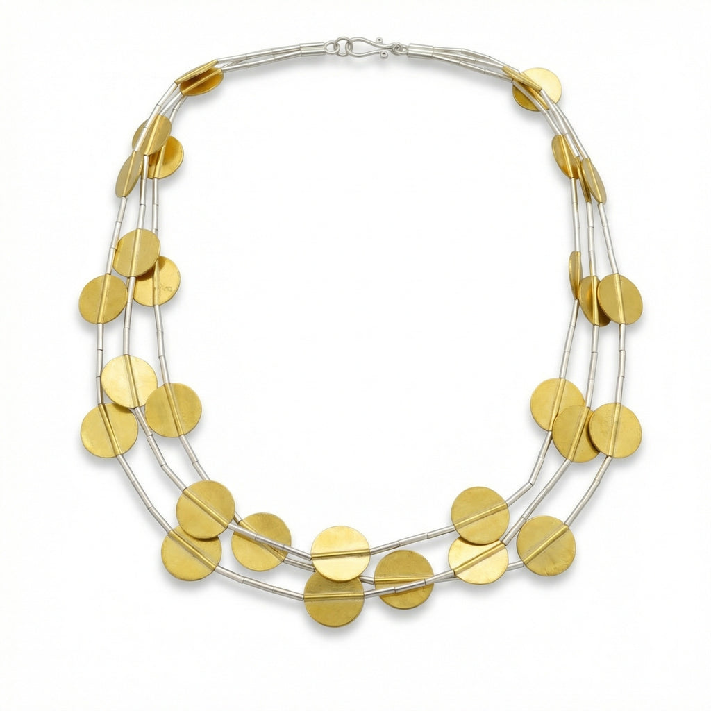 Handcrafted Ancient Troy necklace in 925 sterling silver with gold plating, three-row 2 tone design inspired by legendary Anatolian treasures, artisan jewelry by Sultan Bodrum