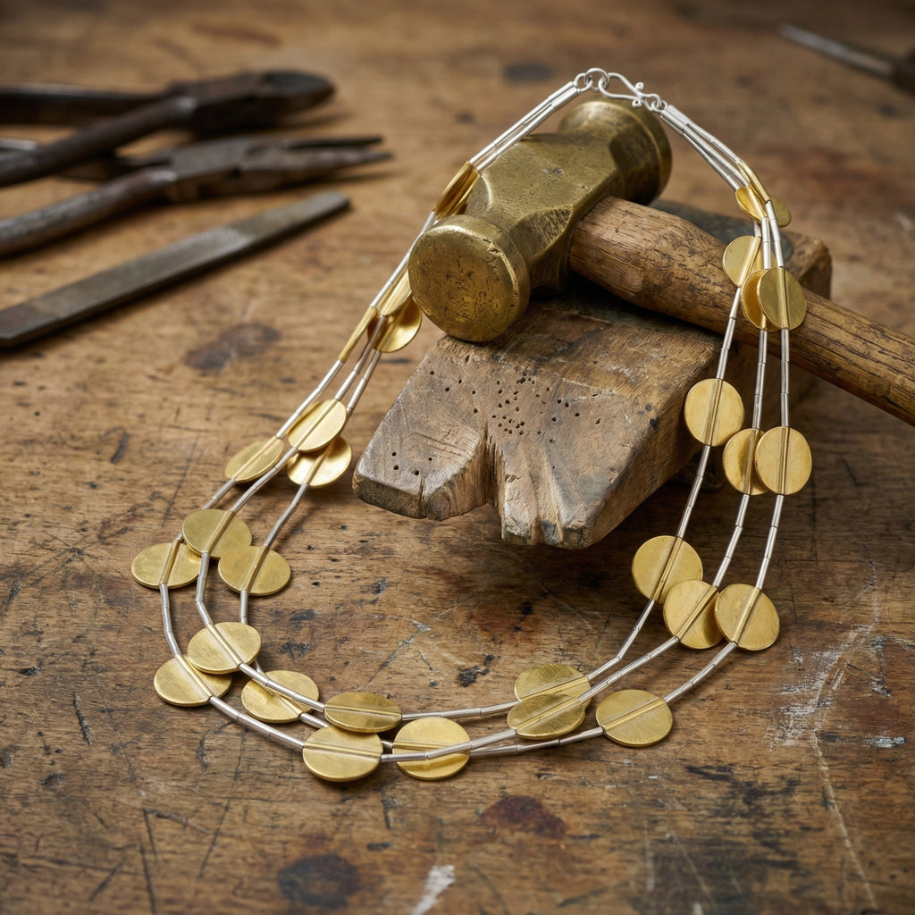 
Ancient Troy treasure necklace worn, three-row 925 sterling silver design with gold details, handcrafted Turkish jewelry perfect gift for special occasions