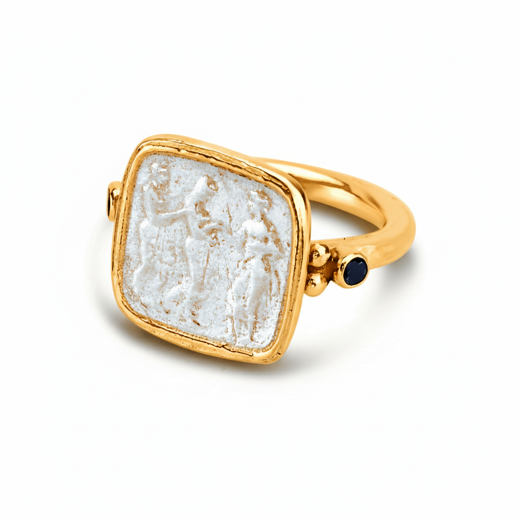 Onyx coin ring on hand, unique artisan jewelry, Bodrum workshop