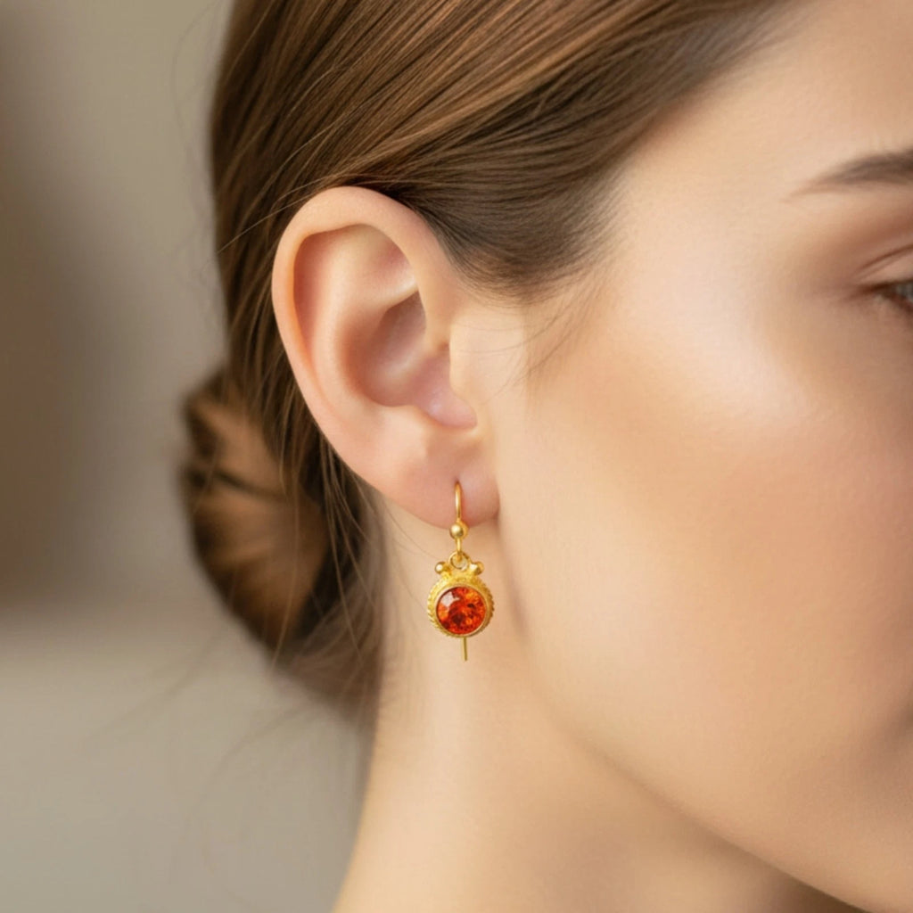 Sultan orange topaz gemstone earrings with 24k gold plating option, ancient-inspired Turkish jewelry

