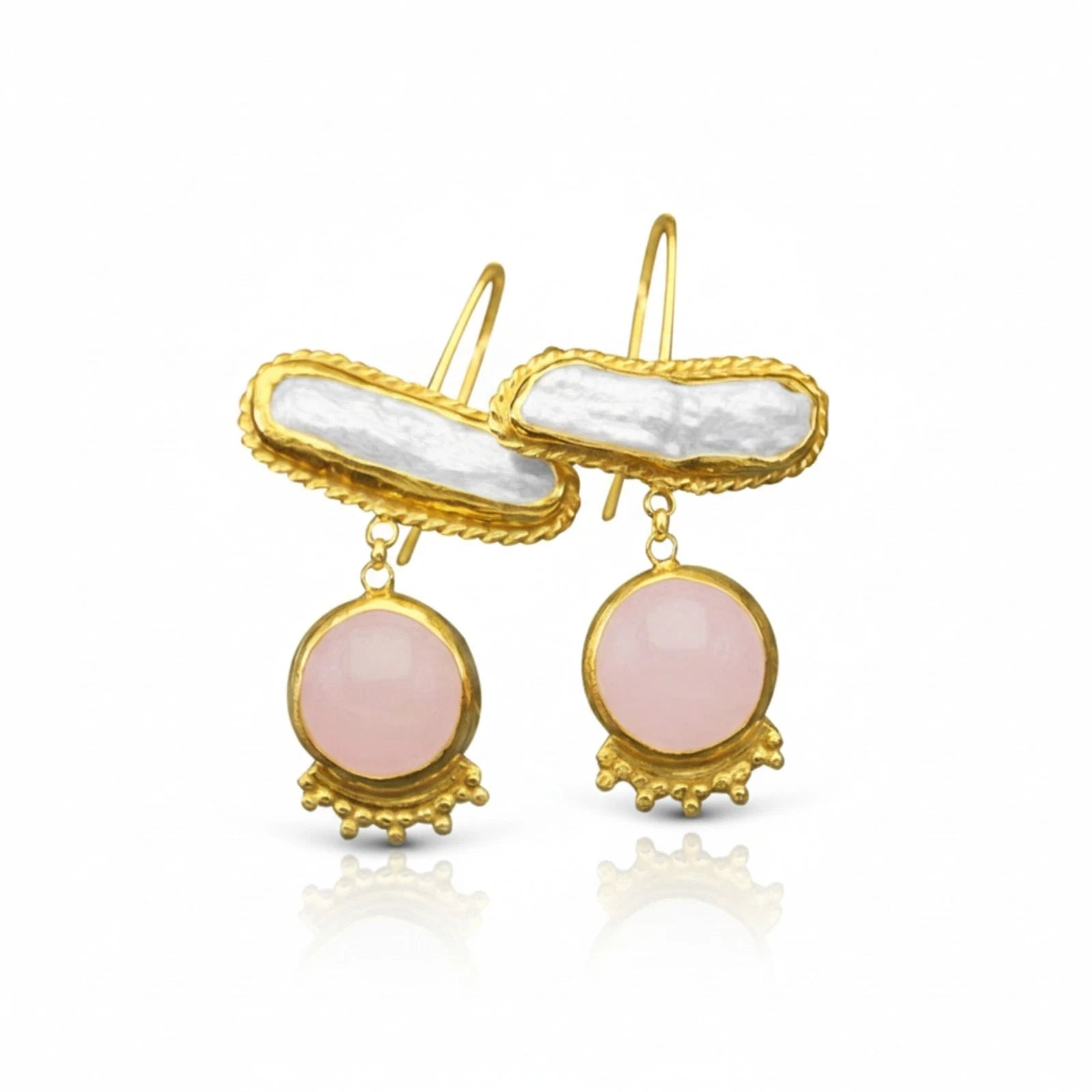  Pearl pink quartz dangle earrings in 925 sterling silver handcrafted by Turkish designer Sultan in Bodrum
